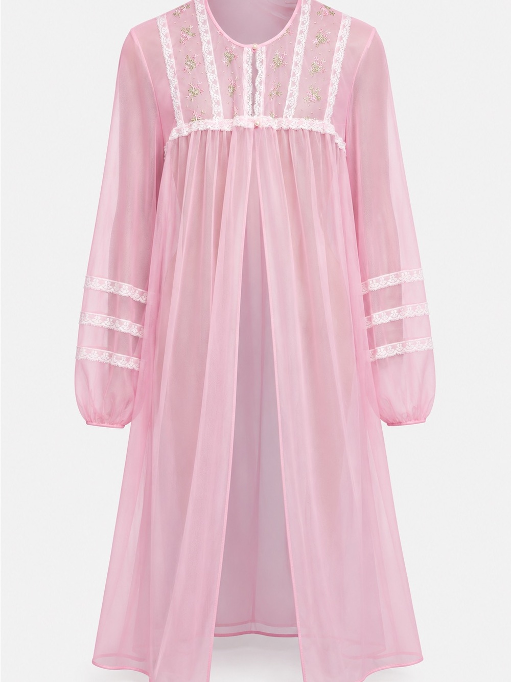 Sears Pink Sheer Long Sleeve Nightgown with Lace Trim